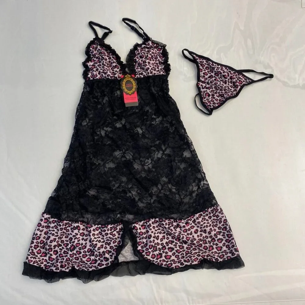 3/$30 Bundle • Pink Leopard Black Babydoll LS55 NWT